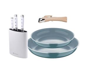Bergner Click&Cook Juego de 2 Sartenes Ø22cm y Ø26cm con Mango extraíble en Aluminio prensado+Juego de 3 Cuchillos de acero inoxidable con Tacoma