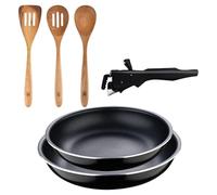 Bergner Click&Cook Juego de 2 Sartenes Ø22cm y Ø26cm con Mango extraíble en Aluminio prensado+Set 3pcs utensilios de cocina acacia