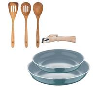 Bergner Click&Cook Juego de 2 Sartenes Ø22cm y Ø26cm con Mango extraíble en Aluminio prensado+Set 3pcs utensilios de cocina acacia