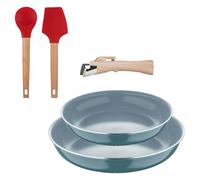 Bergner Click&Cook Juego de 2 Sartenes Ø24Ø28cm Aluminio prensado reciclado Verde con Mango extraíble+Juego de 2 utensilios de cocina de silicona