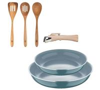 Bergner Click&Cook Juego de 2 Sartenes Ø24Ø28cm Aluminio prensado reciclado Verde con Mango extraíble+Set 3pcs utensilios de cocina acacia