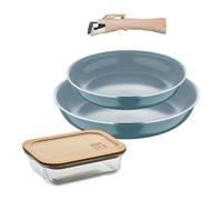 Bergner Click&Cook Juego de 2 Sartenes Ø24Ø28cm Aluminio prensado reciclado Verde con Mango extraíble+Hermético de 650ml en vidrio de borosilicato