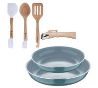 Bergner Click&Cook Juego de 2 Sartenes Ø24Ø28cm Aluminio prensado Verde con Mango extraíble+Juego de 3 Utensilios de cocina en silicona y madera