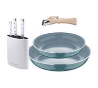 Bergner Click&Cook Juego de 2 Sartenes Ø24Ø28cm Aluminio prensado Verde con Mango extraíble+Juego de 3 Cuchillos con Tacoma