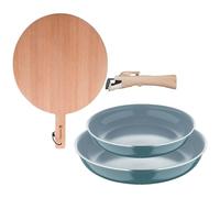 Bergner Click&Cook Juego de 2 Sartenes Ø24Ø28cm Aluminio prensado Verde con Mango extraíble+Tabla de corte Redonda en madera de haya