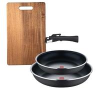 Bergner Click&Cook Juego de 2 Sartenes Ø24Ø28cm Aluminio prensado y Mango Desmontable+Tabla de cortar 40,3x25,2x2,5cm de madera de acacia