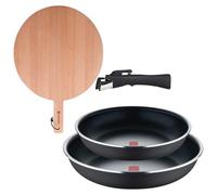 Bergner Click&Cook Juego de 2 Sartenes Ø24Ø28cm Aluminio prensado y Mango Desmontable+Tabla de corte Redonda de 38x28x1,5cm en madera de haya