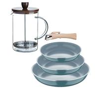 Bergner Click&Cook Juego de 3 Sartenes Ø18Ø20Ø24cm Aluminio prensado reciclado Verde con Mango extraíble+Cafetera de émbolo de vidrio borosilicato