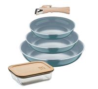 Bergner Click&Cook Juego de 3 Sartenes Ø18Ø20Ø24cm Aluminio prensado reciclado Verde con Mango extraíble+Hermético de 650ml en vidrio de borosilicato