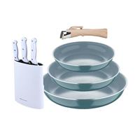 Bergner Click&Cook Juego de 3 Sartenes Ø18Ø20Ø24cm Aluminio prensado reciclado Verde con Mango extraíble+Set de 3 Cuchillos con Tacoma