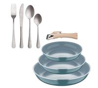 Bergner Click&Cook Juego de 3 Sartenes Ø18Ø20Ø24cm Aluminio prensado reciclado Verde con Mango extraíble+Set de 16 Cubiertos en Acero Inoxidable