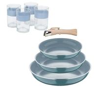 Bergner Click&Cook Juego de 3 Sartenes Ø18Ø20Ø24cm Aluminio prensado reciclado Verde con Mango extraíble+Juego de 4 Vasos de 0,5L