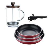 Bergner click&cook juego de 3 sartenes ø18ø20ø24cm aluminio prensado rojo con mango extraíble+cafetera de émbolo de vidrio borosilicato 38 cm