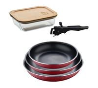 Bergner click&cook juego de 3 sartenes ø18ø20ø24cm aluminio prensado rojo con mango extraíble+hermético de 650ml en vidrio de borosilicato 10 cm
