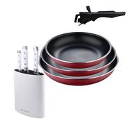 Bergner click&cook juego de 3 sartenes ø18ø20ø24cm aluminio prensado rojo con mango extraíble+juego de 3 cuchillos de acero inoxidable con tacoma