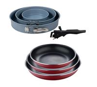Bergner click&cook juego de 3 sartenes ø18ø20ø24cm aluminio prensado rojo con mango extraíble+juego de 3 moldes de horno redondos ø12ø18ø22cm