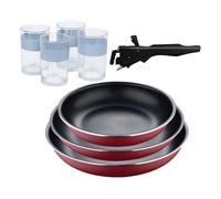 Bergner click&cook juego de 3 sartenes ø18ø20ø24cm aluminio prensado rojo con mango extraíble+juego de 4 vasos de 0,5l