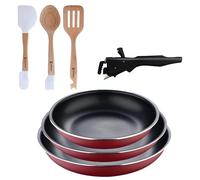 Bergner Click&Cook juego de 3 Sartenes Ø18Ø20Ø24cm Aluminio prensado rojo con Mango extraíble+Juego de 3 Utensilios de cocina en silicona y madera