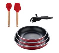 Bergner click&cook juego de 3 sartenes ø18ø20ø24cm aluminio prensado rojo con mango extraíble+juego de 2 utensilios de cocina de silicona