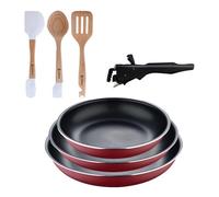 Bergner click&cook juego de 3 sartenes ø18ø20ø24cm aluminio prensado rojo con mango extraíble+juego de 3 utensilios de cocina en silicona y madera 30 cm