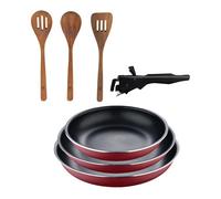Bergner click&cook juego de 3 sartenes ø18ø20ø24cm aluminio prensado rojo con mango extraíble+set 3pc utensilios cocina madera acacia