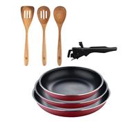 Bergner click&cook juego de 3 sartenes ø18ø20ø24cm aluminio prensado rojo con mango extraíble+set 3pcs utensilios de cocina acacia 30 cm
