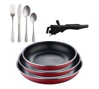 Bergner click&cook juego de 3 sartenes ø18ø20ø24cm aluminio prensado rojo con mango extraíble+set de 16 cubiertos en acero inoxidable