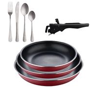 Bergner Click&Cook juego de 3 Sartenes Ø18Ø20Ø24cm Aluminio prensado rojo con Mango extraíble+Set de 16 Cubiertos en Acero Inoxidable