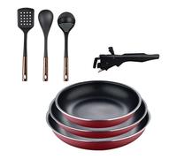 Bergner Click&Cook juego de 3 Sartenes Ø18Ø20Ø24cm Aluminio prensado rojo con Mango extraíble+ Set de 3 Utensilios de cocina de PBT negro y cobre