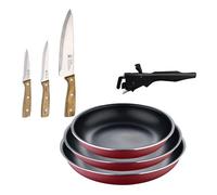 Bergner click&cook juego de 3 sartenes ø18ø20ø24cm aluminio prensado rojo con mango extraíble+set de 3 cuchillos de acero inoxidable para cocina 38 cm