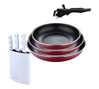 Bergner Click&Cook juego de 3 Sartenes Ø18Ø20Ø24cm Aluminio prensado rojo con Mango extraíble+Set de 3 Cuchillos con Tacoma en Acero inoxidable
