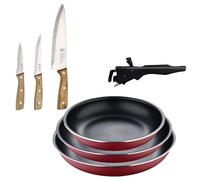 Bergner Click&Cook juego de 3 Sartenes Ø18Ø20Ø24cm Aluminio prensado rojo con Mango extraíble+Set de 3 cuchillos de acero inoxidable para cocina