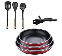 Bergner Click&Cook juego de 3 Sartenes Ø18Ø20Ø24cm Aluminio prensado rojo con Mango extraíble+ Set de 3 Utensilios de cocina de PBT negro y cobre