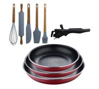 Bergner click&cook juego de 3 sartenes ø18ø20ø24cm aluminio prensado rojo con mango extraíble+set de 5 utensilios de cocina de silicona y madera
