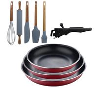 Bergner Click&Cook juego de 3 Sartenes Ø18Ø20Ø24cm Aluminio prensado rojo con Mango extraíble+Set de 5 Utensilios de Cocina de Silicona y Madera