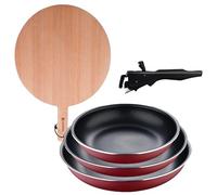 Bergner Click&Cook juego de 3 Sartenes Ø18Ø20Ø24cm Aluminio prensado rojo con Mango extraíble+Tabla de corte Redonda de 38x28x1,5cm en madera de haya
