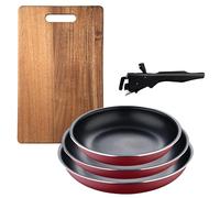 Bergner Click&Cook juego de 3 Sartenes Ø18Ø20Ø24cm Aluminio prensado rojo con Mango extraíble+Tabla de cortar 40,3x25,2x2,5cm de madera de acacia