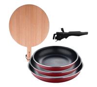 Bergner click&cook juego de 3 sartenes ø18ø20ø24cm aluminio prensado rojo con mango extraíble+tabla de corte redonda de 38x28x1,5cm en madera de haya 30 cm