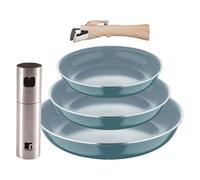 Bergner Click&Cook Juego de 3 Sartenes Ø18Ø20Ø24cm Aluminio prensado Verde con Mango extraíble+Pulverizador de Aceite y vinagre