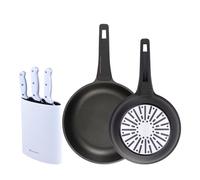 Bergner juego de 2 sartenes ø24ø28cm en aluminio fundido con mango de baquelita+set de 3 cuchillos con tacoma en acero inoxidable