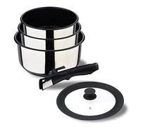 BERGNER| Juego de sartenes de 16, 18 y 20 cm + mango extraíble y tapa universal | Acero inoxidable y revestimiento antiadherente | Para todo tipo de cocinas y hornos