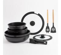 Bergner - Set Jumbo 10 PZS Batería de Cocina Negro Easy Click - Sartenes y Cazos con Revestimiento Antiadherente Negro - Incluye Tapa y Utensilios - Mango Desmontable - Apto Todas Cocinas