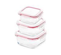 BERGNER Walking Anywhere - Juego de 3 Fiambreras Herméticas Cuadradas - Fabricadas en Borosolicado Resistente - Silicona Roja - Apto Lavavajillas - Versión apilable - Sin BPA