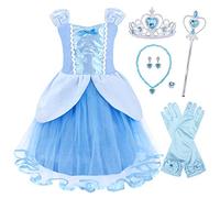Berich Vestido de Cenicienta para niñas, disfraz de princesa con varita, disfraz de Halloween, regalos de Navidad, disfraz de Cenicienta de 4 a 5 años (azul, 130)