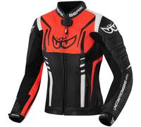 Berik Striper Chaqueta de cuero para moto para mujer, Negro/Blanco/Rojo, Talla 38