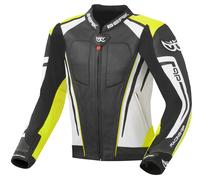Berik Striper Evo Chaqueta de cuero para motocicleta, Negro/Blanco/Amarillo, Talla 54