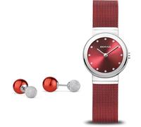 BERING 10126-303-GWP Reloj de Cuarzo para Mujer con Caja de Acero Inoxidable Plateado de 26 mm y Esfera roja, Correa milanesa, Cristal de Zafiro y Resistencia al Agua de 5 ATM