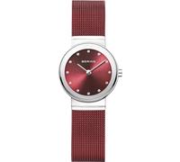 BERING 10126-303 Reloj de cuarzo para mujer de 26 mm con caja de acero inoxidable plateado y esfera roja, correa milanesa, cristal de zafiro y resistencia al agua de 5 ATM