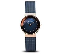 BERING 10126-367 Reloj de cuarzo para mujer con caja de acero inoxidable de 26 mm con acabado en oro rosa y esfera azul, correa milanesa, cristal de zafiro y resistencia al agua de 5 ATM