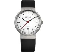 BERING 11036-404 Reloj de cuarzo unisex con caja de titanio de 36 mm con acabado plateado y esfera blanca, correa de piel de becerro, cristal de zafiro y resistencia al agua de 3 ATM